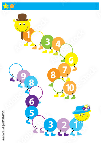 Math educational counting game for children / colorful worksheet with happy caterpillars and missing numbers