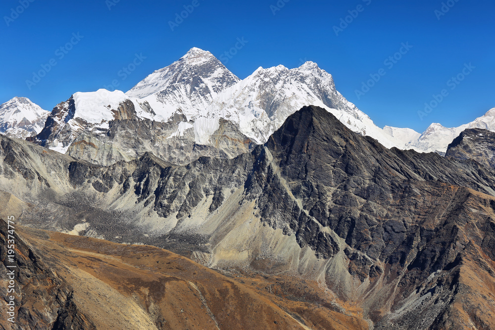 View of Everest and Lhotse peaks from Gokyo Ri, Nepal View of Everest and Lhotse peaks from Gokyo Ri, Nepal