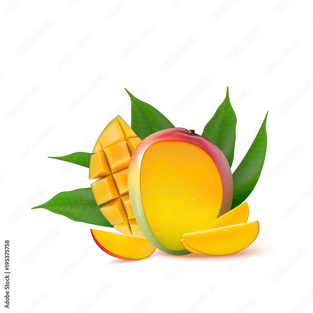 Mango fruit for fresh juice, jam, yogurt, pulp. 3d realistic yellow, red, orange ripe mango cubes and leaves isolated on white background for packaging, web design. Mango fruit for fresh juice, jam, yogurt, pulp. 3d realistic yellow, red, orange ripe mango cubes and leaves isolated on white background for packaging, web design.