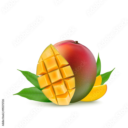 Mango fruit for fresh juice, jam, yogurt, pulp. 3d realistic yellow, red, orange ripe mango cubes and leaves isolated on white