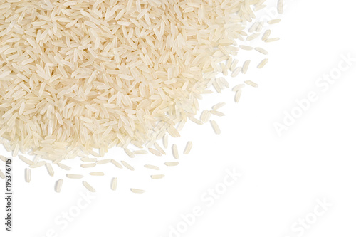 Parboiled rice isolated on white background. Copy space. Top view, close up, high resolution product. Healthy food concept