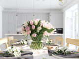 bunch of tulips in a nordic style apartment. 3D rendering