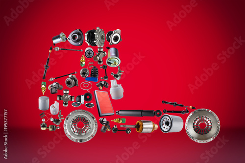 Images truck assembled from new spare parts. Cargo shop