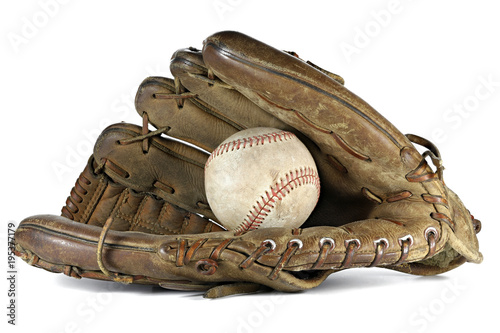 worn baseball and glove isolated on white background