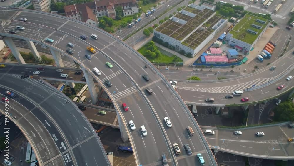 SHANGHAI, CHINA - MAY 5, 2017: Aerial view of Nanpu bridge highway junction, modern architecture SHANGHAI, CHINA - MAY 5, 2017: Aerial view of Nanpu bridge highway junction, modern architecture