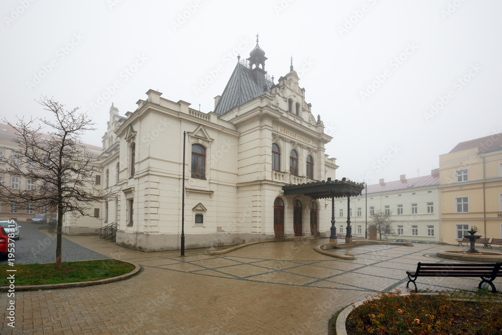 City Theatre on a rainy winter day. Znojmo, Czech Republic, Europe.