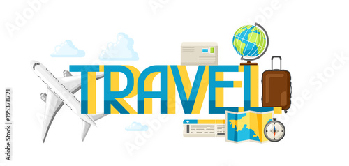 Travel concept illustration with tourist items and word