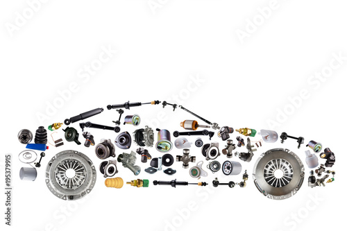 Passenger car assembled from new spare auto parts for shop aftermarket. Isolated on white background. photo