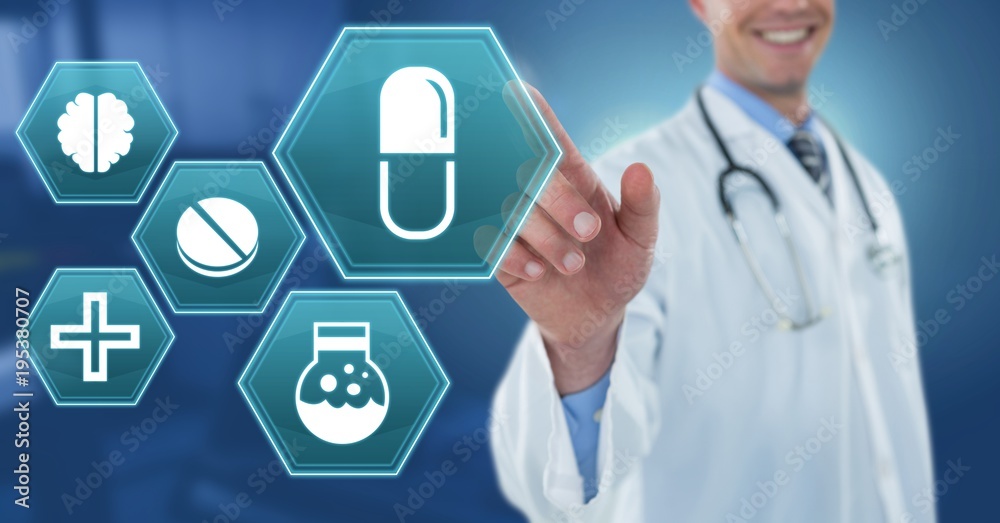 Male doctor interacting with medical hexagon interface Male doctor interacting with medical hexagon interface