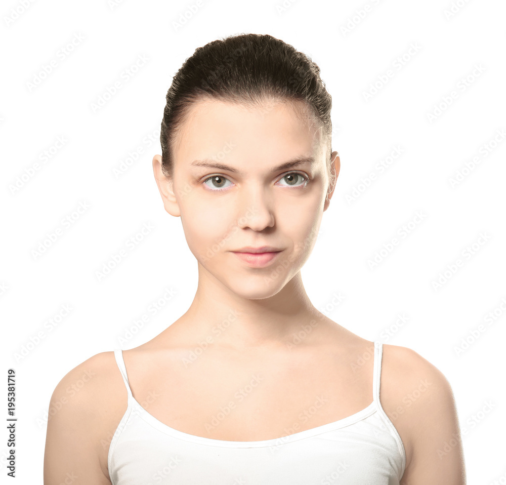 Young woman without makeup on white background Young woman without makeup on white background