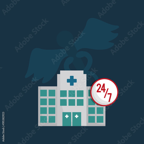 hospital building and symbol over blue background, colorful design vector illustration