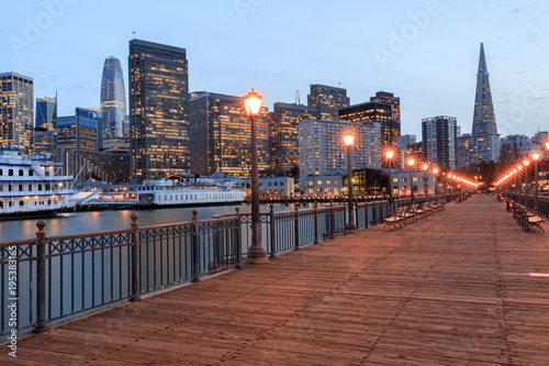 San Francisco Skyline and Boardwalk. Pier 7, San Francisco, California, USA.