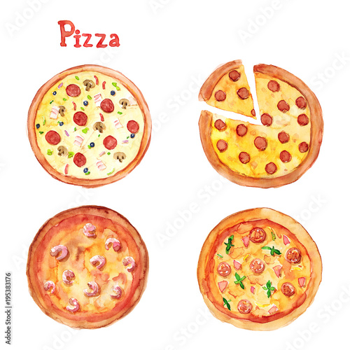 Watercolor hand drawn sketch illustration set of pizza with different fillings and lettering Pizza isolated on white
