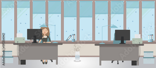 The winter office on a light blue background. Vector illustration. Two tables and two chairs, folders, large windows, protective blinds, boxes,  office worker