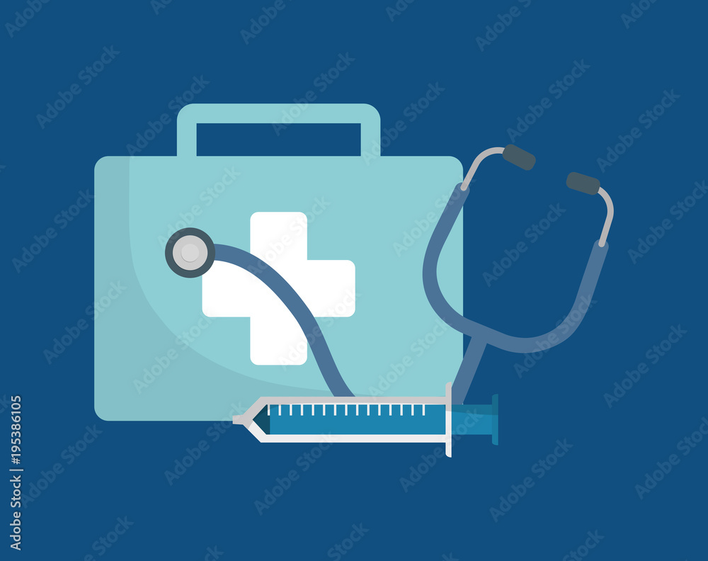 Fototapeta premium First aid kit with stethoscope and injection over blue background vector illustration