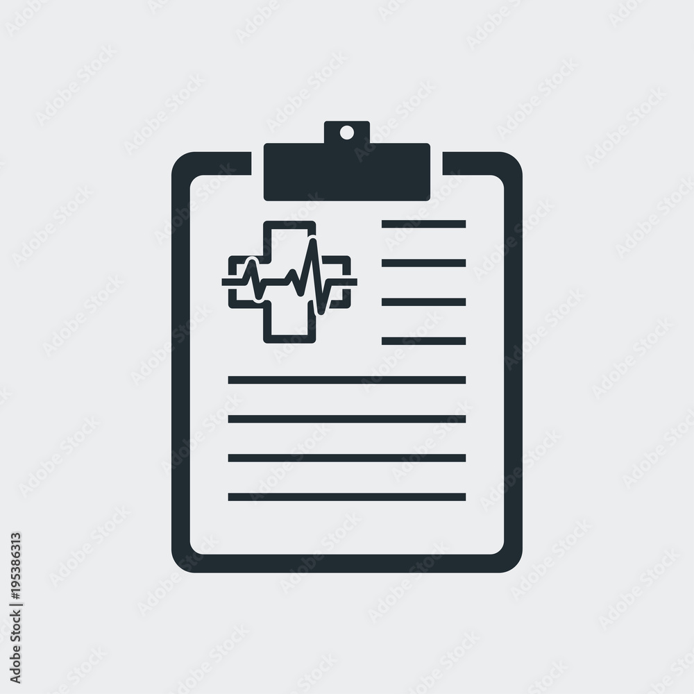 Icono plano clipboard con cruz y ritmo cardiaco en fondo gris Icono plano clipboard con cruz y ritmo cardiaco en fondo gris
