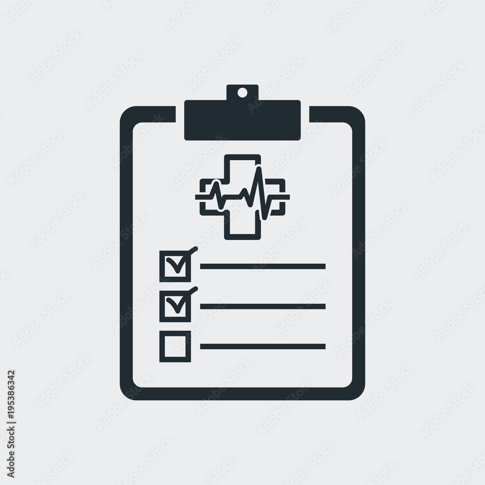 Icono plano clipboard con cruz y ritmo cardiaco y test en fondo gris Icono plano clipboard con cruz y ritmo cardiaco y test en fondo gris