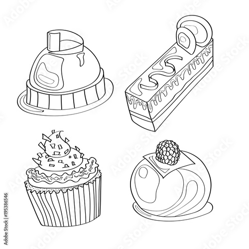 Coloring picture, coloring page with cupcakes, desserts, sweets and mousse