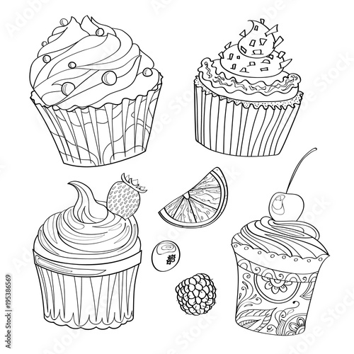 Coloring page, coloring page with cupcakes, desserts, sweets and berries