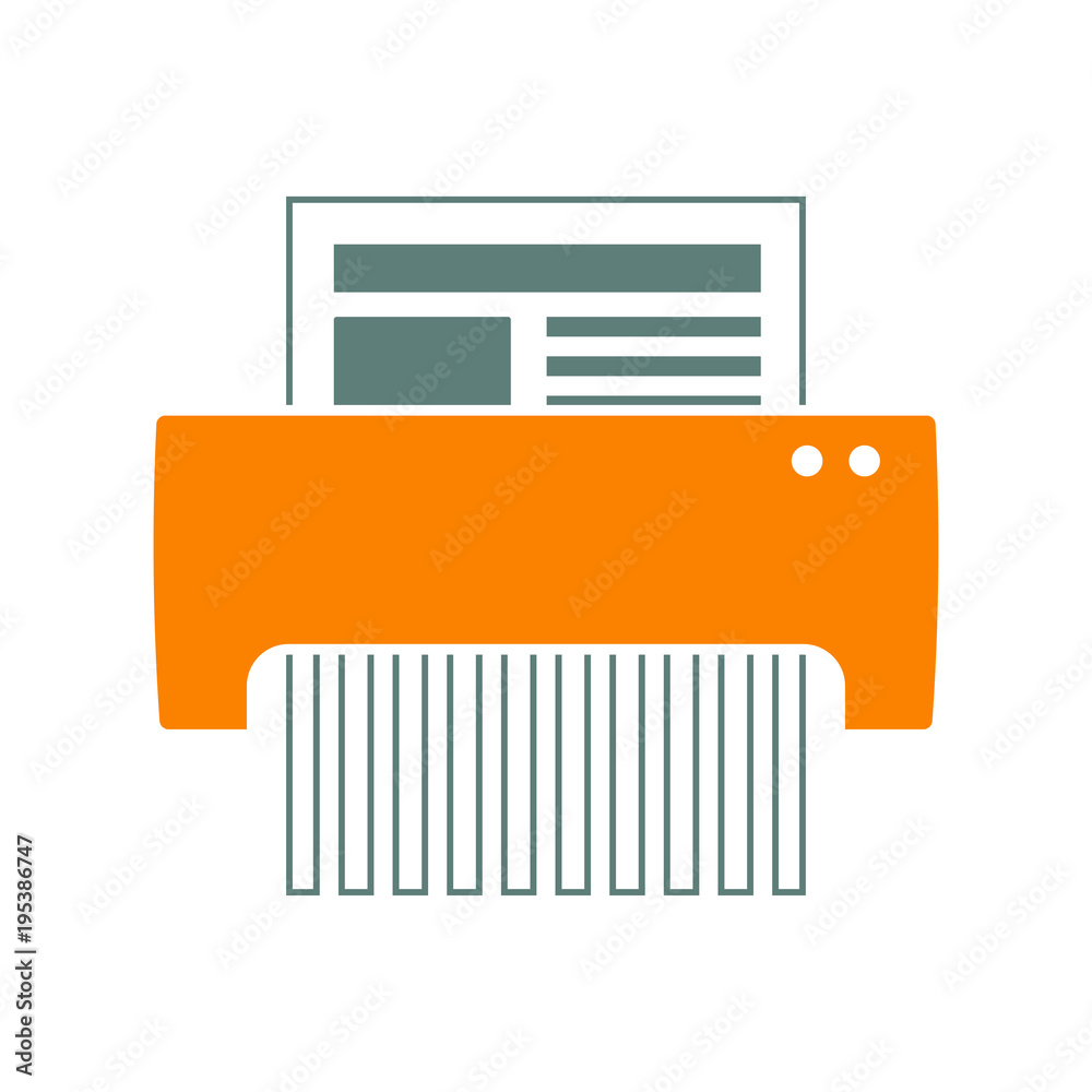 Icono plano destructor de documentos en gris y naranja