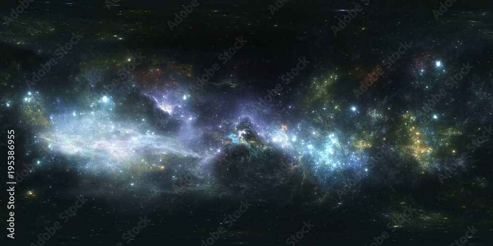 360 Equirectangular projection. Space background with nebula and stars. Panorama, environment map. HDRI spherical panorama.