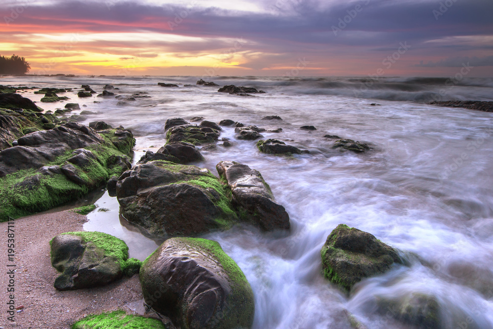 Seascape with rocks covered by green moss during sunset.