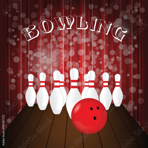 bowling poster with white pin and red ball illustration