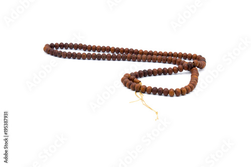 Buddhist beads made of wood on white background,thai amulet,use for meditation