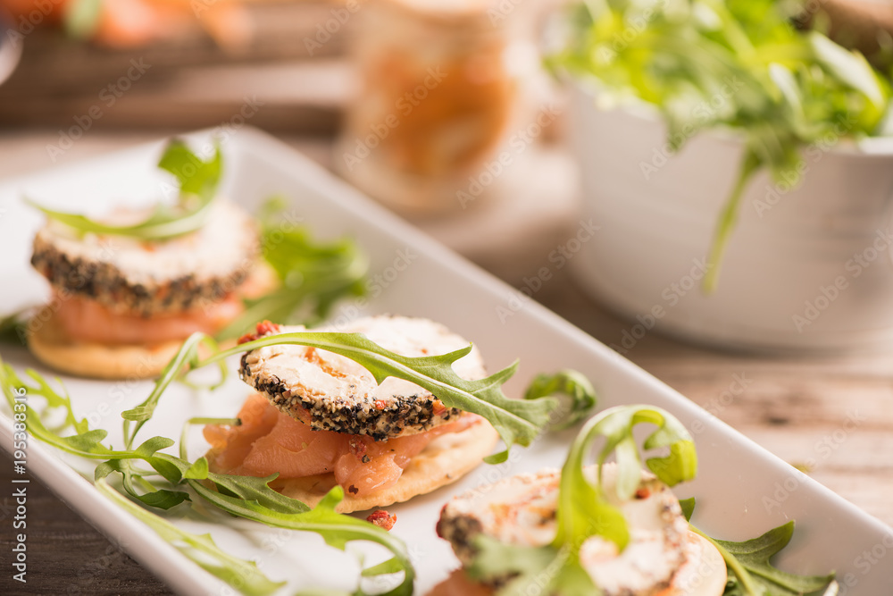 Canapes with smoked salmon and cream cheese