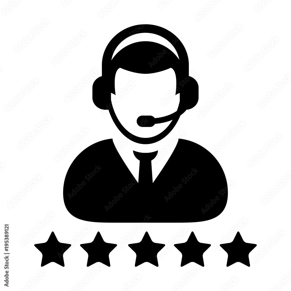 Service Icon Vector Customer Star Ratings for Male Online Support Person Profile Avatar with Headset in Glyph Pictogram illustration.