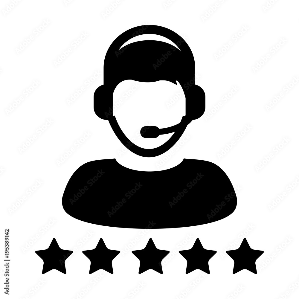 Service Icon Vector Customer Star Ratings for Male Online Support Person Profile Avatar with Headset in Glyph Pictogram illustration. Service Icon Vector Customer Star Ratings for Male Online Support Person Profile Avatar with Headset in Glyph Pictogram illustration.
