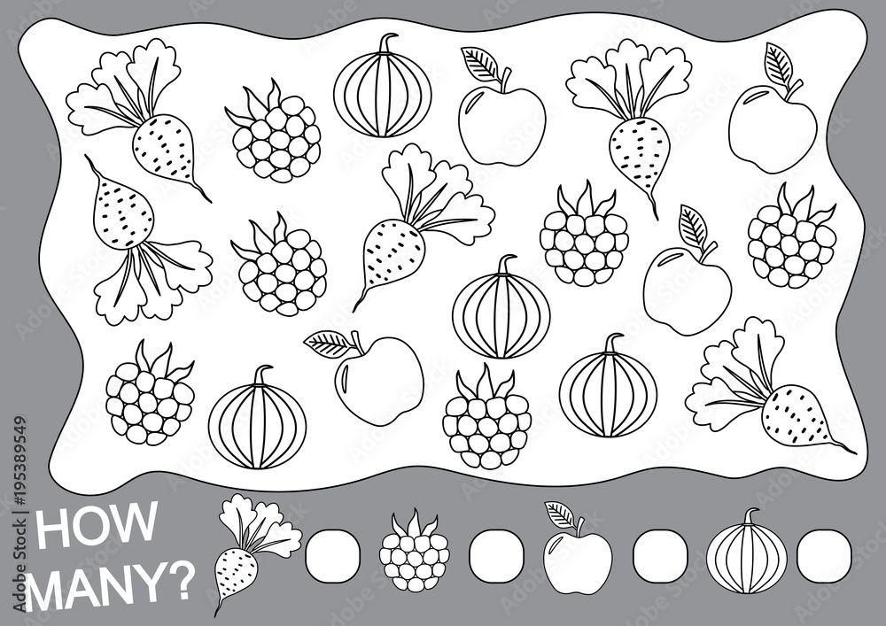 How many fruits, berries and vegetables (apple, blackberry, beet, pumpkin). Paint objects. Learning numbers, mathematics. Counting game for preschool children. How many fruits, berries and vegetables (apple, blackberry, beet, pumpkin). Paint objects. Learning numbers, mathematics. Counting game for preschool children.