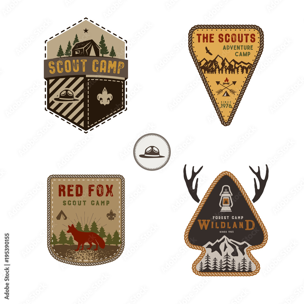 Travel badge, outdoor activity logo collection. Scout camp emblem set.  Vintage hand drawn travel badge design. Stock vector illustration,  insignias, rustic patches. Isolated on white background Stock Vector