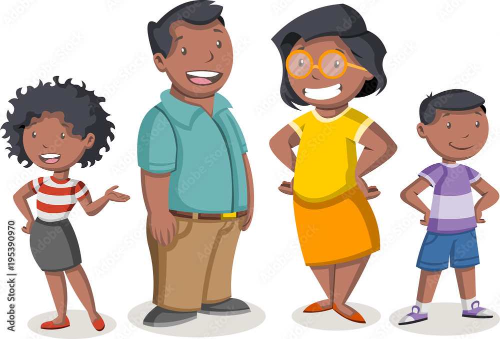 Colorful happy people. Cartoon black family.