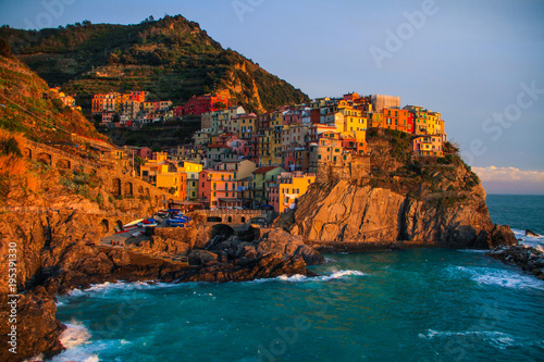 View at sunset of Manarola in National Park of Cinque Terre, Ligury, Italy