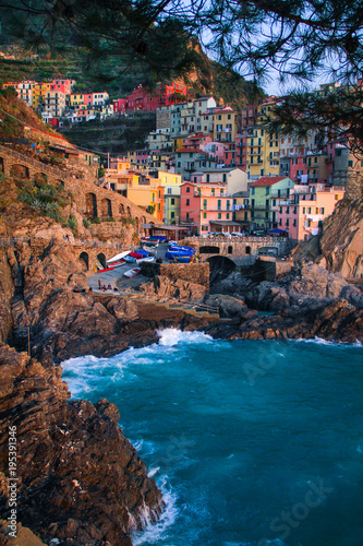 View at sunset of Manarola in National Park of Cinque Terre, Ligury, Italy