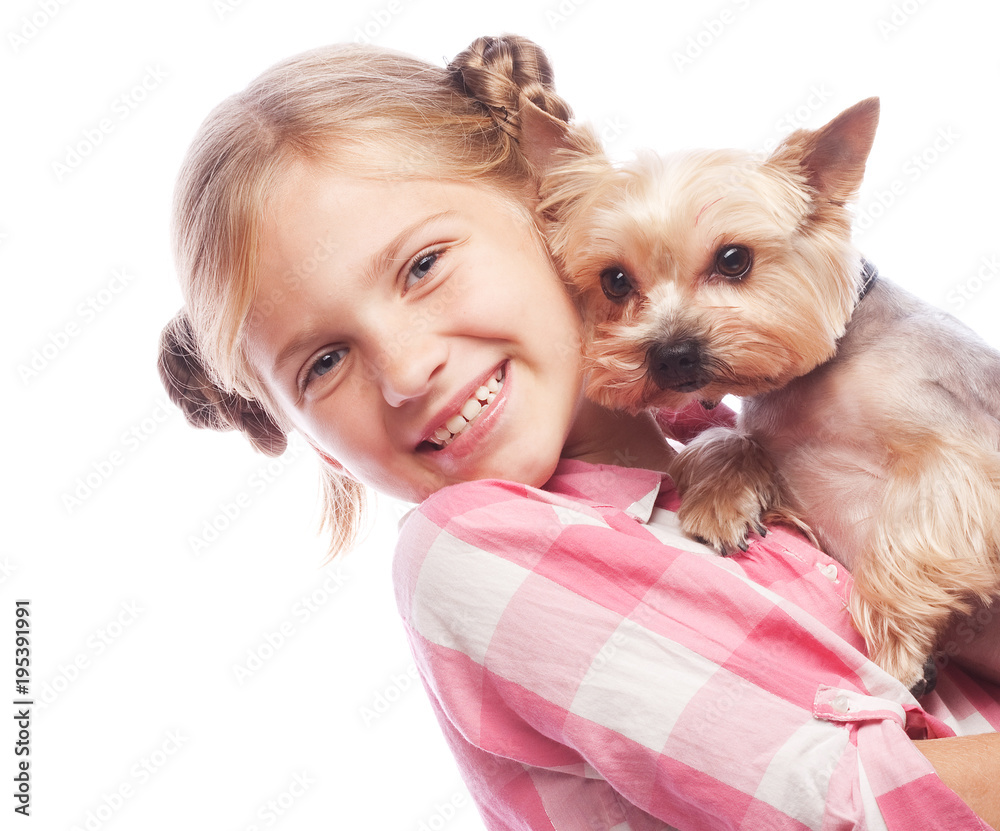 Beautiful blond girl with cute yorkshire terrier dog, isolated Beautiful blond girl with cute yorkshire terrier dog, isolated
