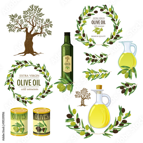 Olive colored isolated icon set with products and decorations from olives olive branch par example vector illustration
