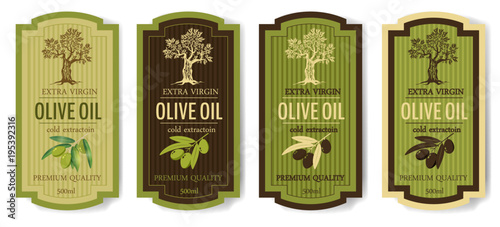 Set of labels for olive oils with olive tree, olive branch, isolated, vector