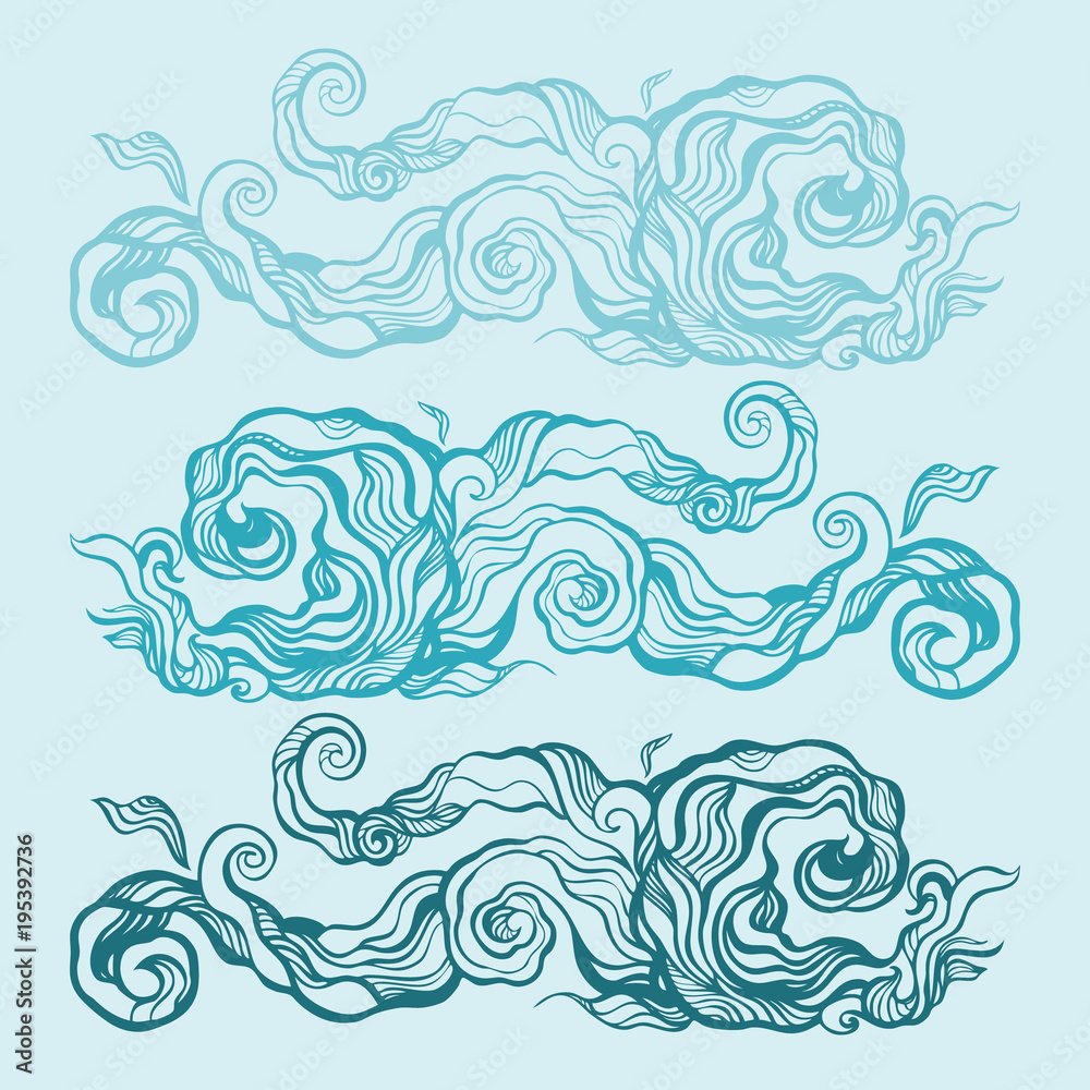 Fototapeta premium Blue water wave, abstract Hand Drawn vector Pattern