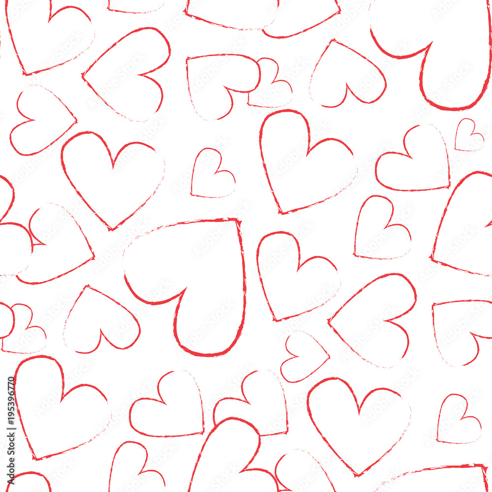 Abstract seamless heart pattern. Vector, minimalist hearts on white background. Hearts drawn with red lipstick on white