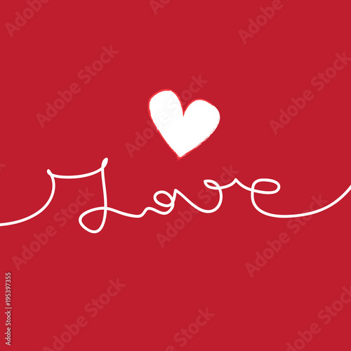 Continuous line drawing of word LOVE. Love vector illustration. Valentine card. Minimalist illustration of love. Handwritten word love with a white heart on red background.