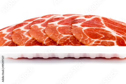 Close-up sliced raw pork isolated on white background. It copy space and selection focus.