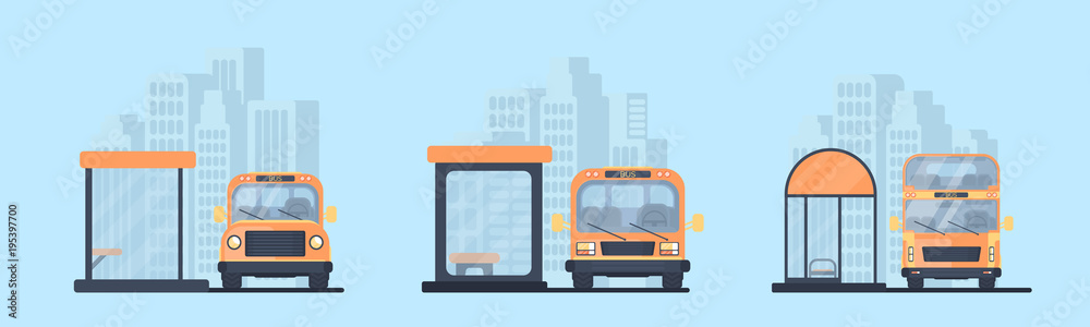 Set of different city bus stop and bus. Transport for transportation of passangers. Vector flat illustration.