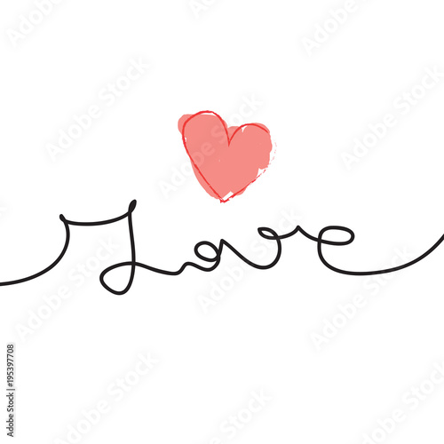 Continuous line drawing of word LOVE. Love vector illustration. Valentine card. Minimalist illustration of love. Handwritten word love with a red  heart on white background.