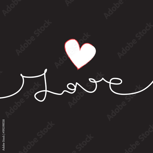 Continuous line drawing of word LOVE. Love vector illustration. Valentine card. Minimalist illustration of love. Handwritten word love with a white heart on black background.