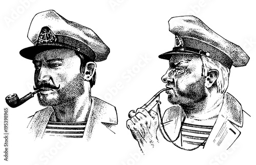 Boatswain with pipe. sea captain, marine old sailor or bluejacket, whistle and seaman with beard or men seafarer. travel by ship or boat. engraved hand drawn in old boho sketch.
