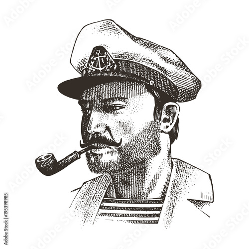 Boatswain with pipe. sea captain, marine old sailor or bluejacket, seaman with beard or men seafarer. travel by ship or boat. engraved hand drawn in old boho sketch.