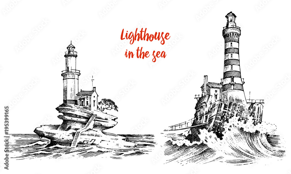 Fototapeta premium Lighthouse and sea. Marine sketch, nautical journey and seascape. Lighting in the ocean. engraved vintage, hand drawn, atlantic tidal wave. Navigation for ships and yachts.