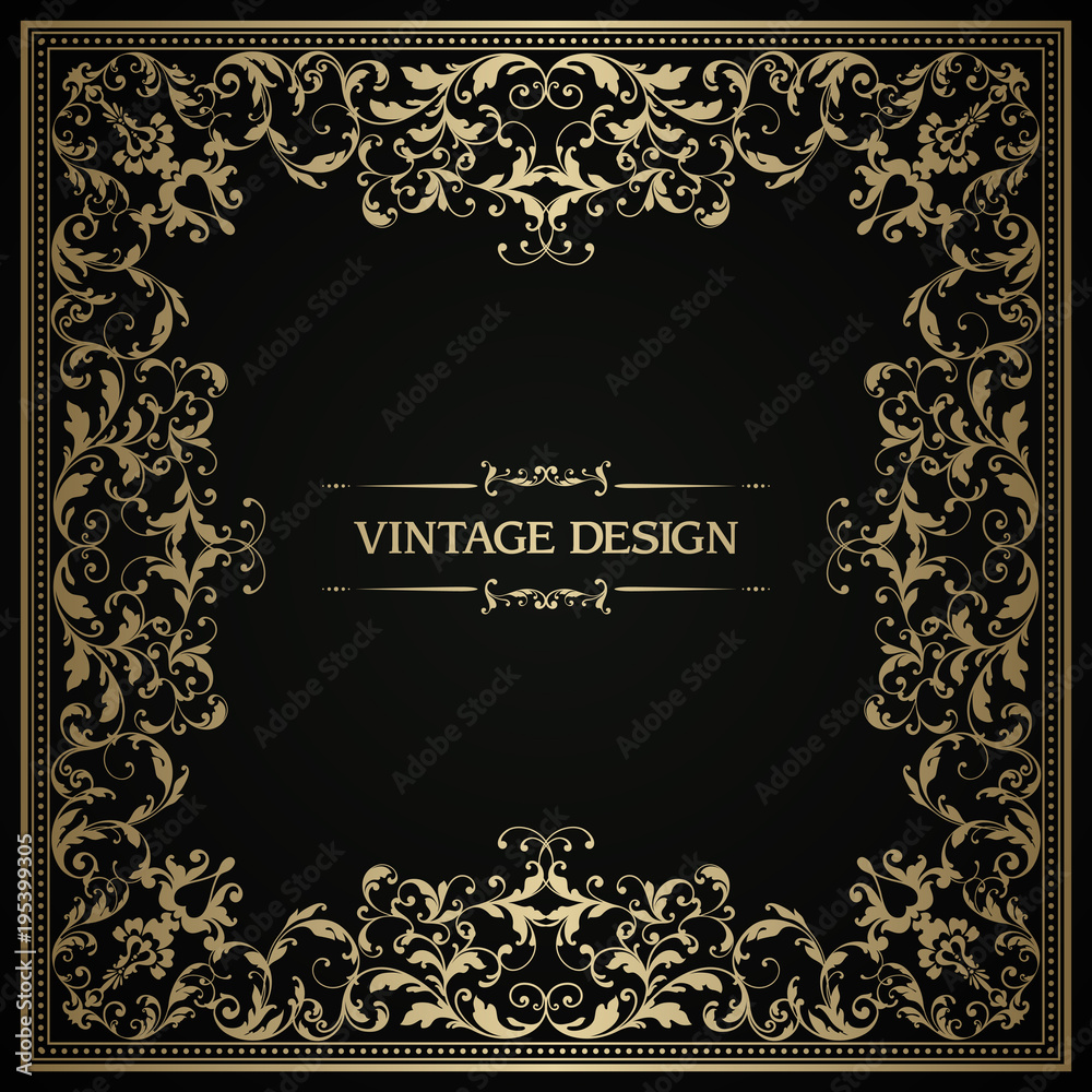 Elegant template with ornate gold frame. Lace pattern for invitation, greeting card, certificate.